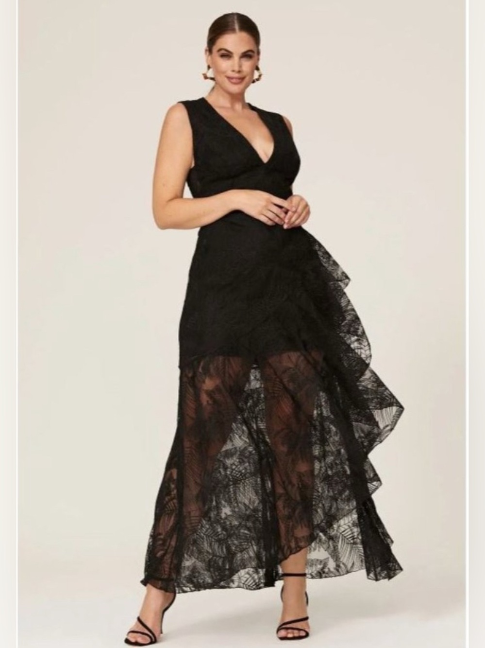 One33 Social Black Ruffle palm Lace Sleeveless Evening Gown Size 6 #goth #ruffle
